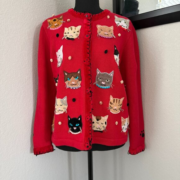 VINTAGE 80s Berek by Takako Sakon Red Cat Cardigan Sweater Medium - Picture 2 of 15